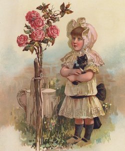 Dziewczynka z kotem i drzewem różanym (chromolitho) autorstwa English School