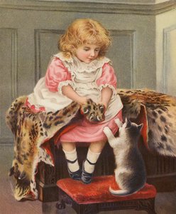 Dziewczyna z lamparcią skórą i kotem domowym (chromolitho) autorstwa English School