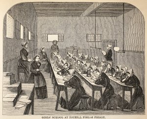 Szkoła dla dziewcząt w więzieniu Tothill Fields, ilustracja z The Criminal Prisons of London i Scenes from Prison Life autorstwa Henry
