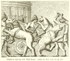 Gladiatorzy walczący z dzikimi bestiami. (Atlas du Bull. arch., iii. pl. 37)