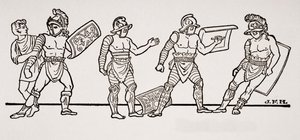 Gladiatorzy, z malowidła ściennego w Pompejach, ilustracja z Zarysu historii H.G. Wellsa, tom I, wydana w 1820 r. autorstwa English School