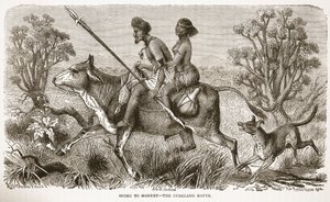 Idąc na targ- trasa lądowa, ilustracja z The Pictorial Edition of the Life and Discoveries of David Livingstone by J. Ewing Richie, wyd. przez A. Fullartona & Co., 1876 autorstwa English School