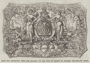 Złota skrzynia wręczona admirałowi Sir Edmundowi Lyonsowi wraz z Freedom of the City of London (rycina) autorstwa English School