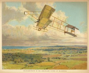 – Grahame-White w samolocie lecącym do Blackpool. Księga małych ludzi o sterowcach. Londyn: Ernest Nister, [1912] autorstwa English School