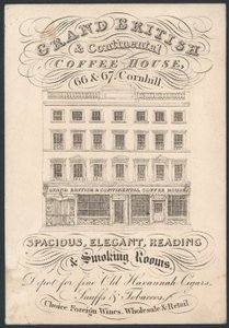 Grand British and Continental Coffee House, 66 i 67 Cornhill, karta handlowa autorstwa English School