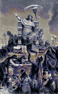 Grecka degeneracja - Krezus na stosie pogrzebowym, ilustracja z Ilustrowanej Historii Świata, wydanej ok. 1880 r. (obraz ulepszony cyfrowo) autorstwa English School