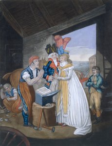 Gretna Green, czyli rozpalone małżeństwo, wyd. Autor: Aurrie i Whittle, 1794 88: Och! Panie Kowalu, złagodź nasze Bóle - i zwiąż nas szybko w Wedlocks Chains 99:female; strój tradycyjny; tra autorstwa English School