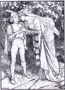 Guenevere wysyła swoją stronę do Lancelota o pomoc, ilustracja z „Księgi romansów” opublikowanej przez Longmans Green and Co autorstwa English School