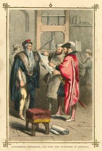 Gutenberg, Schoeffer i Fust, wynalazcy druku (litografia kolorowa) autorstwa English School