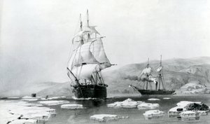 HMS Assistance i Pioneer wydostający się z kwater zimowych w 1854 roku (litografia) autorstwa English School