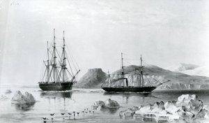 Pomoc HMS w Tow of Pioneer przechodzącej przez John Harrow Mount, North Wellington Channel w 1853 r. (litografia) autorstwa English School