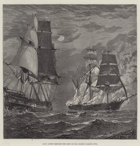 HMS Liffey ratujący załogę Płonącej Barki Anita (rycina) autorstwa English School