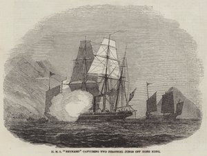HMS „Reynard” rejestrujący dwie pirackie śmieci u wybrzeży Hongkongu (grawerowanie) autorstwa English School