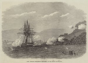 HMS Rinaldo bombarduje Salangore w Cieśninie Malakka (rycina) autorstwa English School