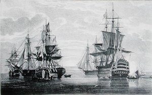 HMS Statki „Agamemnon”, „Kapitan”, „Awangarda”, „Słoń” i „Zwycięstwo” (rycina) autorstwa English School