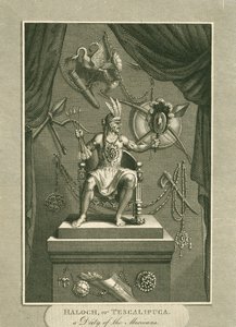Haloch, czyli Tescalipuca, bóstwo Meksykanów, ilustracja ze świata: czyli obecny stan wszechświata, będąca ogólnym i kompletnym zbiorem współczesnych podróży i podróży, autorstwa Cavendisha autorstwa English School