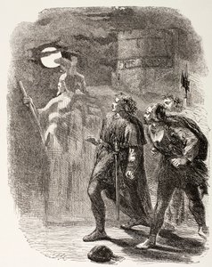 Hamlet, Horatio i Marcellus widzą Ducha, z „The Illustrated Library Shakespeare”, opublikowanej w Londynie 1890 autorstwa English School