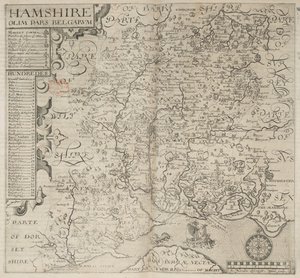 Hampshire, dawniej część Belgów. J. Norden opisany W. Hole sculp., z „Britannia” Camdena. Wydanie szóste. fol. 187 (grawerowanie) autorstwa English School