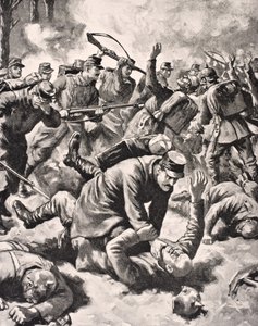 Walka wręcz między żołnierzami niemieckimi i zachodnimi, z „The War Illustrated deLuxe”, wydanej w Londynie, 1916 autorstwa English School