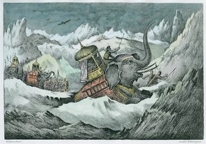 Hannibal (247-c.183 pne) i jego słonie bojowe przemierzające Alpy (późniejsze ubarwienie)