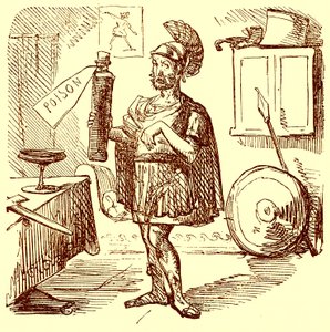 Hannibal wygłasza zwykłą schludną i odpowiednią mowę przed zabiciem samego siebie, ilustracja z The Comic History of Rome autorstwa Gilberta Abbotta a Becketta, opublikowanej ok. 1850 r. (obraz ulepszony cyfrowo) autorstwa English School