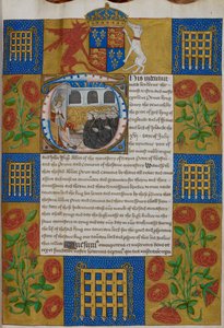 Harley 1498, f.1 Henryk VII przedstawiający Indenture Johnowi Islipowi, Opatowi Opactwa Westminsterskiego, Indentures Opactwa Westminsterskiego (wellum) autorstwa English School