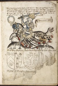 Harley 2169 fa. 3 Henryk VI na koniu, herby w czasach Henryka VI (welum) autorstwa English School