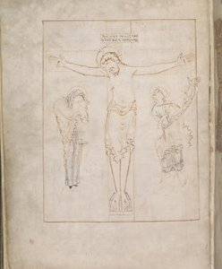 Harley 2904, f.3v, Ukrzyżowanie; z Dziewicą i Św. autorstwa English School