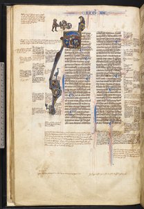 Harley 3487, f.22v Historyczny inicjał „S” z mężczyzną czytającym książkę i wskazującym na niebo, a na marginesie mężczyzną pchającym nagiego mężczyznę na wozie, z ptakiem, mężczyzną z siekierą i głowa smoka i człowieka w formie litery, na początku buu autorstwa English School
