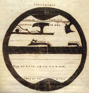 Harley MS 2772 fa. 70v, Diagrammatic Strefowa Mapa Świata, ok.1050 (tusz i tempera na pergaminie) autorstwa English School