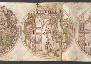 Harley Roll Y 6, Roundel 9, Roundel of St Guthlac (oznaczony jako „Guthlacus”) biczujący bestialskie demony, które najechały jego dom [um]”. z „Życia Guthlaca” ( autorstwa English School