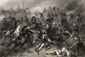 Kolumna Havelocka atakująca buntowników przed Cawnpore w 1857 r., z „Historii indyjskiego buntu”, opublikowanej w 1858 r. autorstwa English School