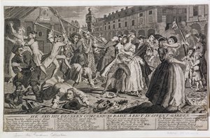 On i jego pijani towarzysze wzniecają zamieszki w Covent Garden, 1735 autorstwa English School