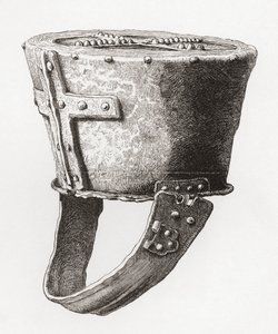 Hełm z zamku Pomeroy w Anglii, pochodzący z ok. XII wieku, z książki The British Army: Its Origins, Progress and Equipment, opublikowanej w 1868 r. autorstwa English School