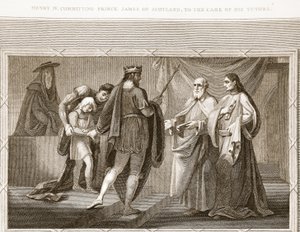Henryk IV powierzający księcia szkockiego Jakuba opiece swoich nauczycieli, ilustracja z David Humes The History of England, wyd. R. Bowyer, Londyn, 1812 r. autorstwa English School
