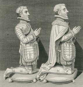 Henry Stuart, Lord Darnley i jego brat Charles Stuart, hrabia Lennox, klęczący przed grobem matki w opactwie Westminster, ryty przez Andrew Birrella, 1796 autorstwa English School