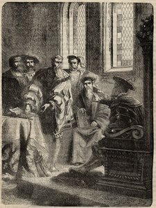 Henryk VIII. i jego Rada nakazująca tłumaczenie Biblii na język angielski - 1538 - rycina z „Historii Anglii” autorstwa Cassella Pettera i Galpina autorstwa English School