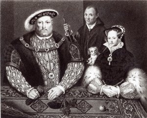 Henryk VIII, jego córka królowa Maria i Will Somers, po obrazie olejnym z XVI wieku, malowany pośmiertnie, 1821 autorstwa English School