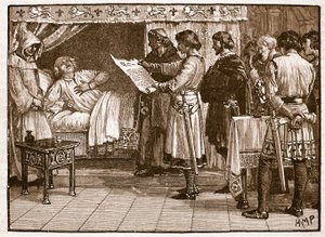 Henry odbiera wiadomość o zdradzie Johna, ilustracja z Cassells Illustrated History of England (zdjęcie w sepii) autorstwa English School