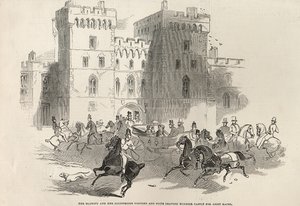 Jej Wysokość i jej Znamienici Goście i Apartament opuszczający Zamek Windsor na wyścigi w Ascot, z „The Illustrated London News”, 14 czerwca 1845 autorstwa English School