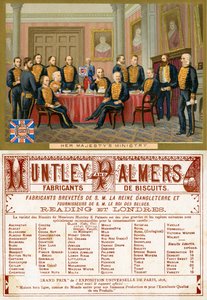 Ministerstwo Jej Królewskiej Mości, przód i tył karty promocyjnej na herbatniki Huntley & Palmers, wyprodukowanej na rynek francuski ok. 1890 r. autorstwa English School