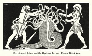 Herkules i Iolaus i Hydra Lerny (litos) autorstwa English School