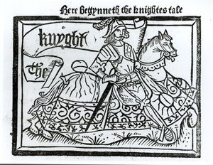 Tutaj Begynneth the Knightes Tale, ilustracja z The Canterbury Tales autorstwa Geoffreya Chaucera (ok. 1345-1400) wydrukowana przez Williama Caxtona (ok. 1422-91) 1434 autorstwa English School