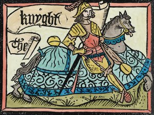 Tutaj Begynneth the Knightes Tale, ilustracja z The Canterbury Tales autorstwa Geoffreya Chaucera (ok. 1345-1400) wydrukowana przez Williama Caxtona (ok. 1422-91) 1434 (późniejsze zabarwienie) autorstwa English School