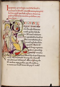 Historyczny inicjał „R” (egnante) z Chrystusem i smokiem, z Textus Roffensis, przed 1719 (faksymile na pergaminie) autorstwa English School
