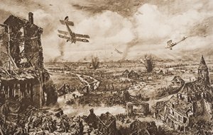 Holding up a German Attack, Armentieres, Belgia, ilustracja z „Zarysu historii” H.G. Wellsa, tom II, wyd. 1920 autorstwa English School