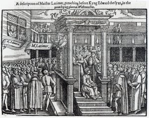 Hugh Latimer (ok.1485-1555) Wygłaszał kazania przed królem Edwardem VI (1537-53) w Westminster w 1547, z „Działań i pomników” Johna Foxe (1516-87) 1563 autorstwa English School