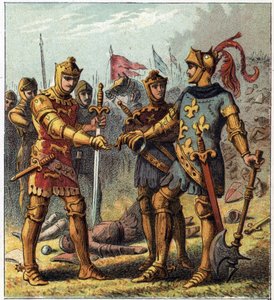 Wojna stuletnia: Bitwa pod Poitiers (1356). Król Francji Jan II Dobry (1319-1364) uznał swoją porażkę i udał się do Edwarda Plantageneta z Anglii (Edward z Woodstock Brackembury autorstwa English School