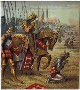 Wojna stuletnia: „”Bitwa pod Azincourt w dniu 25.10.1415””. Król Henryk V (1387-1422) modlił się przed konfrontacją z wojskami francuskimi. Bitwa pod Agincourt: Król Henryk Piąty modli się o zwycięstwo przed bitwą. autorstwa English School