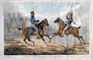 Hussars, Widok w pobliżu Mont St Jean (kolorowa akwatinta) autorstwa English School